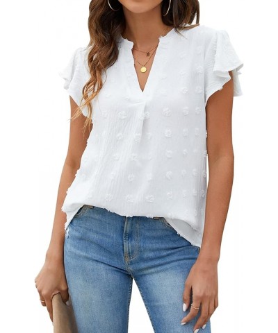 Womens White Blouses Chiffon Ruffle Short Sleeve V Neck Business Casual Tops Summer Cute Shirt White-01 $9.24 Blouses