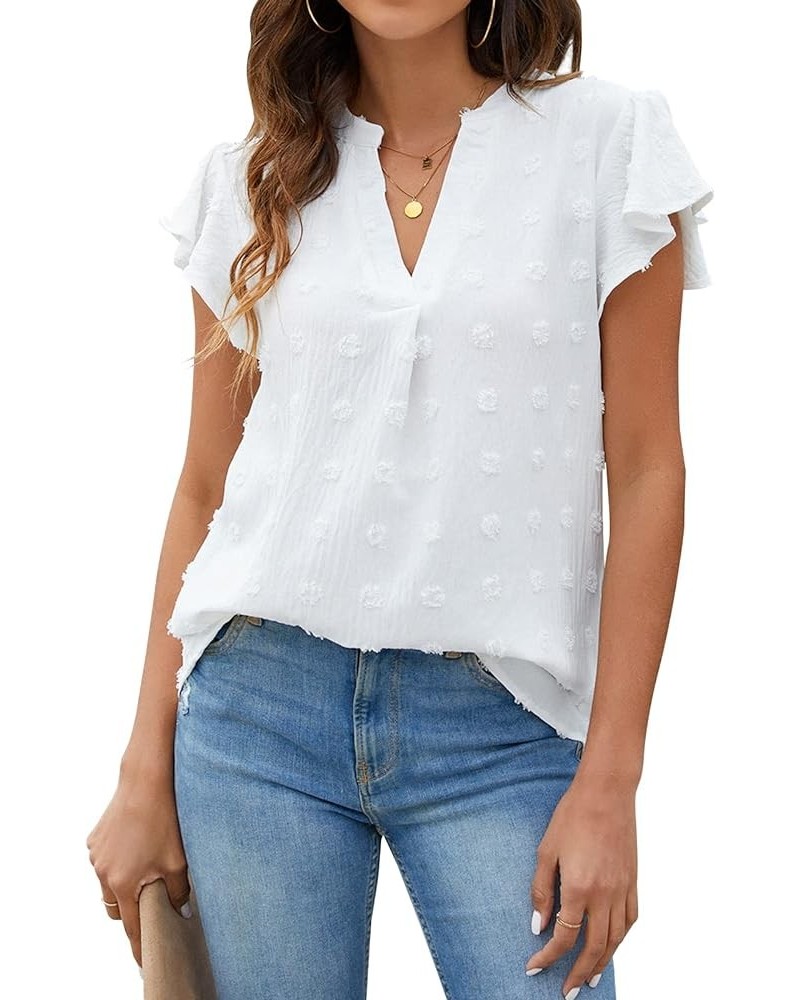 Womens White Blouses Chiffon Ruffle Short Sleeve V Neck Business Casual Tops Summer Cute Shirt White-01 $9.24 Blouses