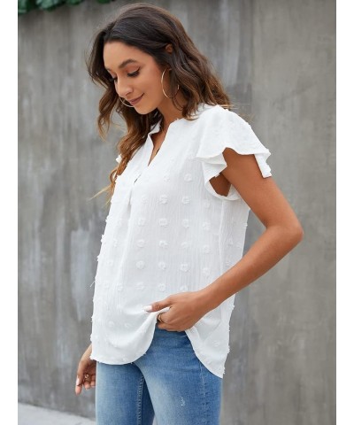 Womens White Blouses Chiffon Ruffle Short Sleeve V Neck Business Casual Tops Summer Cute Shirt White-01 $9.24 Blouses