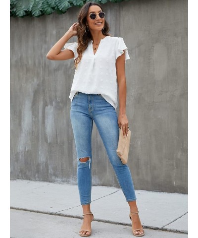 Womens White Blouses Chiffon Ruffle Short Sleeve V Neck Business Casual Tops Summer Cute Shirt White-01 $9.24 Blouses