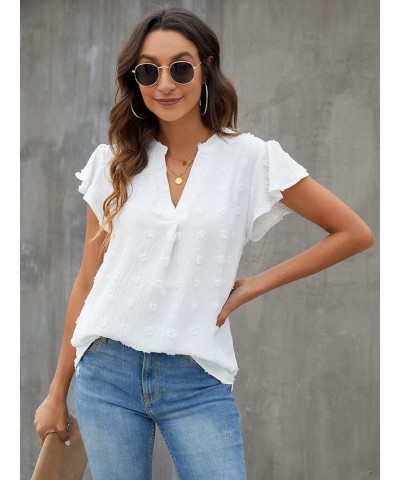 Womens White Blouses Chiffon Ruffle Short Sleeve V Neck Business Casual Tops Summer Cute Shirt White-01 $9.24 Blouses