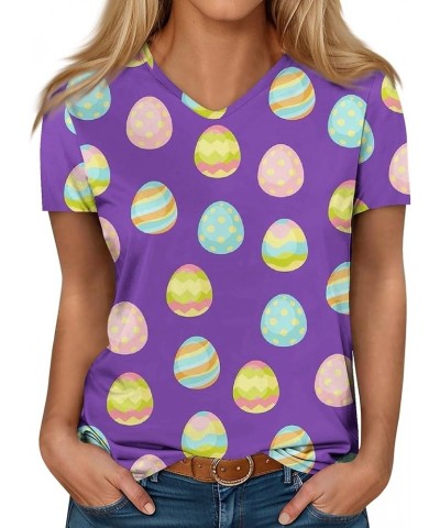 Happy Easter Letter Print T Shirt for Women Vneck Cute Rabbit Eggs Graphic Tees Family Blouse Gifts Easter Tops Tee X03-purpl...