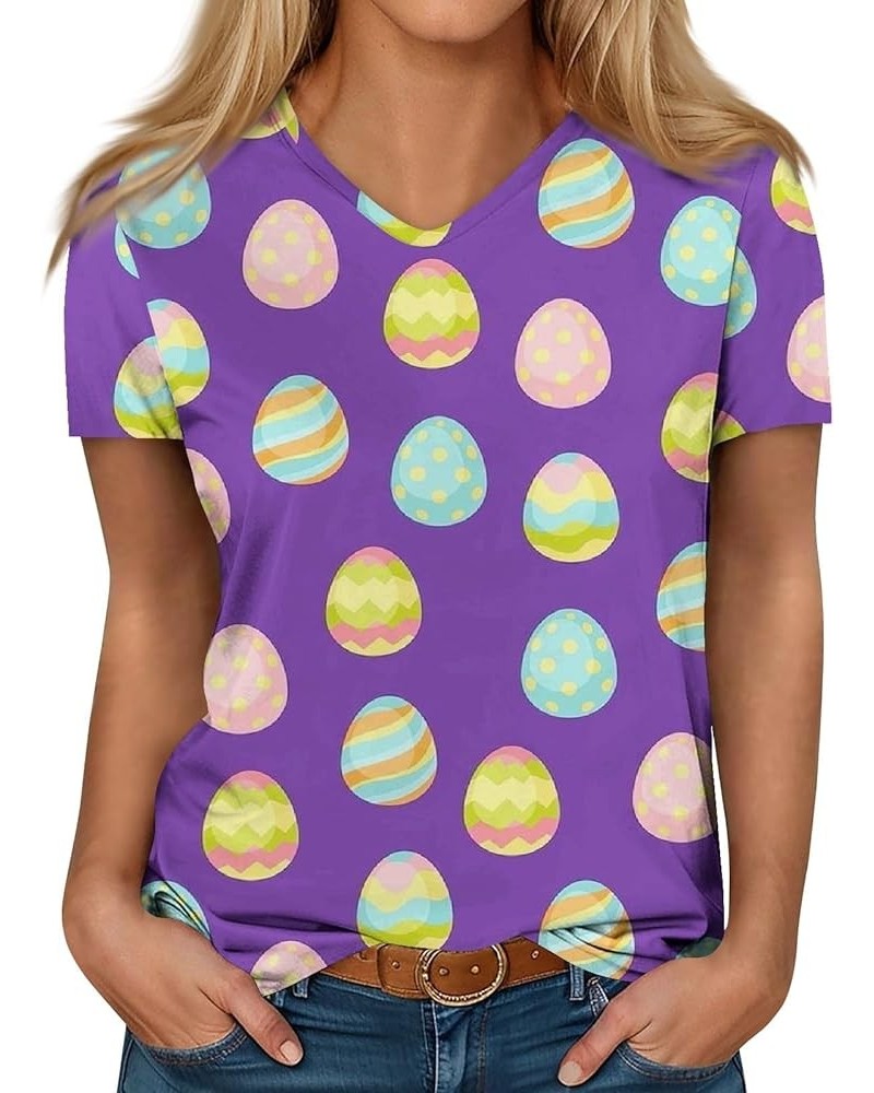 Happy Easter Letter Print T Shirt for Women Vneck Cute Rabbit Eggs Graphic Tees Family Blouse Gifts Easter Tops Tee X03-purpl...