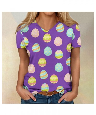 Happy Easter Letter Print T Shirt for Women Vneck Cute Rabbit Eggs Graphic Tees Family Blouse Gifts Easter Tops Tee X03-purpl...