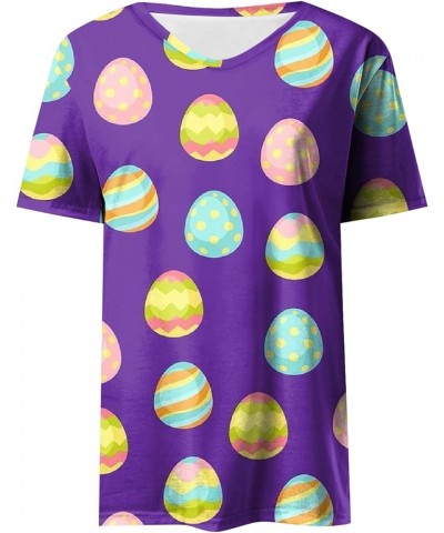 Happy Easter Letter Print T Shirt for Women Vneck Cute Rabbit Eggs Graphic Tees Family Blouse Gifts Easter Tops Tee X03-purpl...