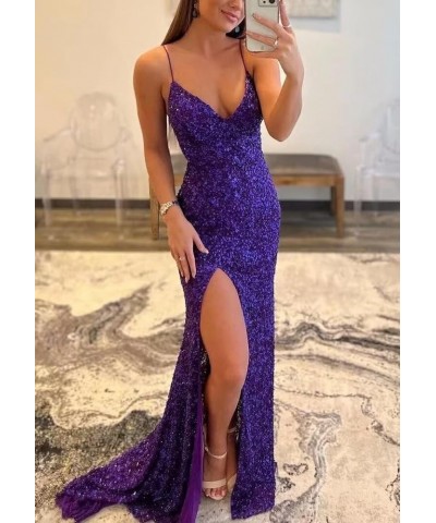 Women's Sequin Prom Dresses Long 2024 Sparkly Sexy Backless Mermaid Evening Gown with Slit Blue $32.25 Dresses