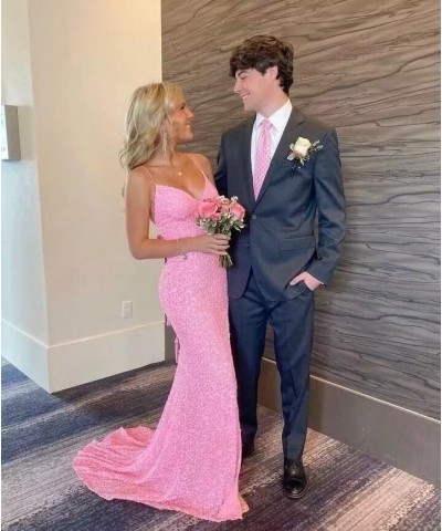 Women's Sequin Prom Dresses Long 2024 Sparkly Sexy Backless Mermaid Evening Gown with Slit Blue $32.25 Dresses