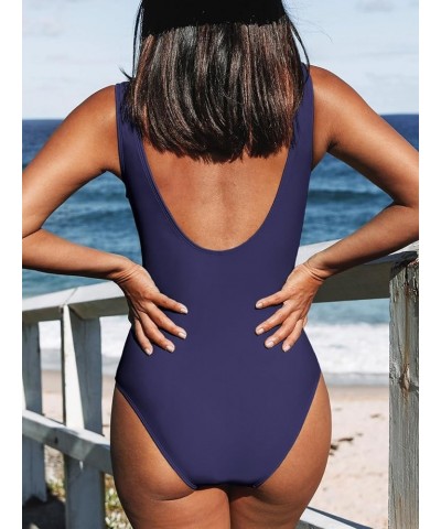 Women's One Piece Swimsuits Bathing Suits V Neck Twist Ruched Wide Straps U Back Tummy Control Indigo Blue $21.27 Swimsuits