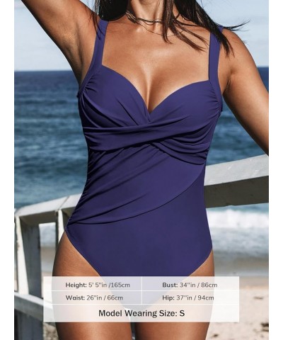 Women's One Piece Swimsuits Bathing Suits V Neck Twist Ruched Wide Straps U Back Tummy Control Indigo Blue $21.27 Swimsuits