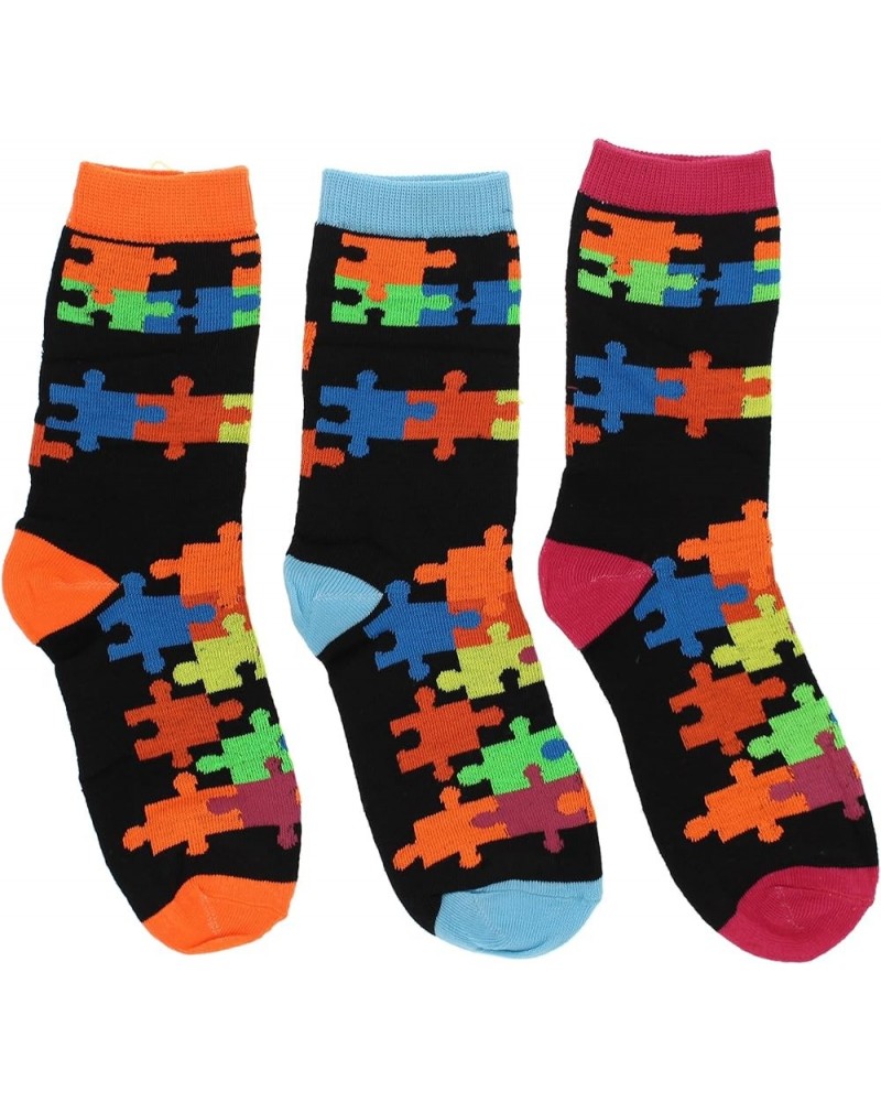 Women's Colorful Jigsaw Puzzle Piece Crew Socks (3Pr), One Size Orange, Aqua, Pink $9.89 Socks