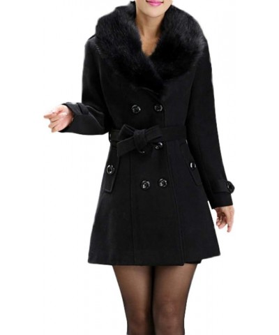 Pea Coats for Women Long Winter Long Sleeve Furry Collar Jackets Double Button Warm Faux Woolen Trench Coat Women Black $32.0...