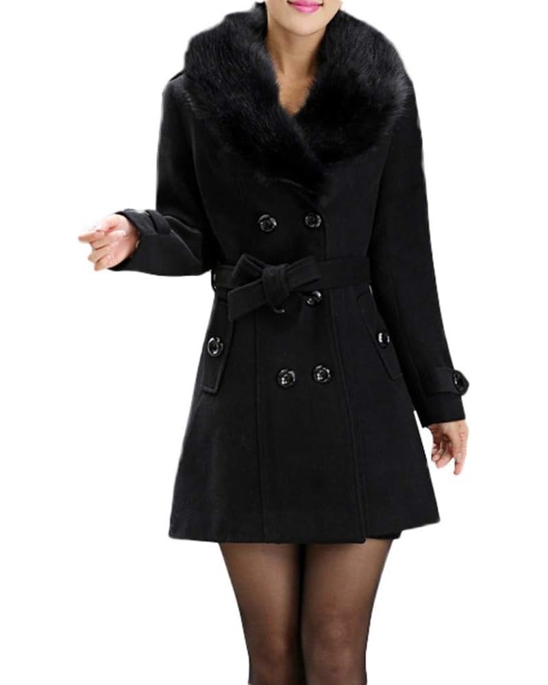 Pea Coats for Women Long Winter Long Sleeve Furry Collar Jackets Double Button Warm Faux Woolen Trench Coat Women Black $32.0...