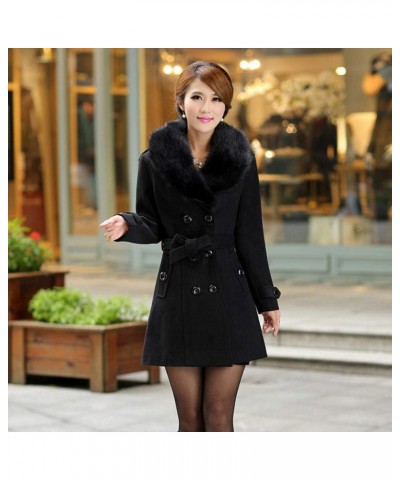 Pea Coats for Women Long Winter Long Sleeve Furry Collar Jackets Double Button Warm Faux Woolen Trench Coat Women Black $32.0...