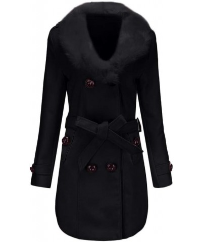 Pea Coats for Women Long Winter Long Sleeve Furry Collar Jackets Double Button Warm Faux Woolen Trench Coat Women Black $32.0...