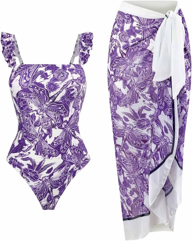 One Piece Swimsuit Women with Cover Up Retro Tummy Control Bathing Suits 2 Piece Beach Maxi Wrap Skirts Tankini Set 03purple ...