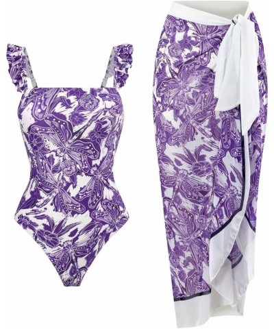 One Piece Swimsuit Women with Cover Up Retro Tummy Control Bathing Suits 2 Piece Beach Maxi Wrap Skirts Tankini Set 03purple ...