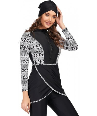 Womens Muslim Swimsuits Full Coverage Long Sleeve Swimwear Burkini Hijab Bathing Suit S-4XL Black Print C $19.70 Swimsuits