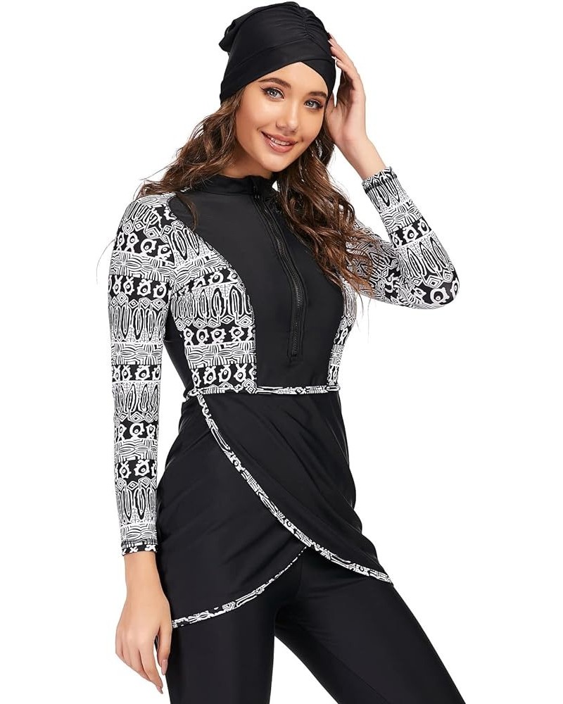 Womens Muslim Swimsuits Full Coverage Long Sleeve Swimwear Burkini Hijab Bathing Suit S-4XL Black Print C $19.70 Swimsuits