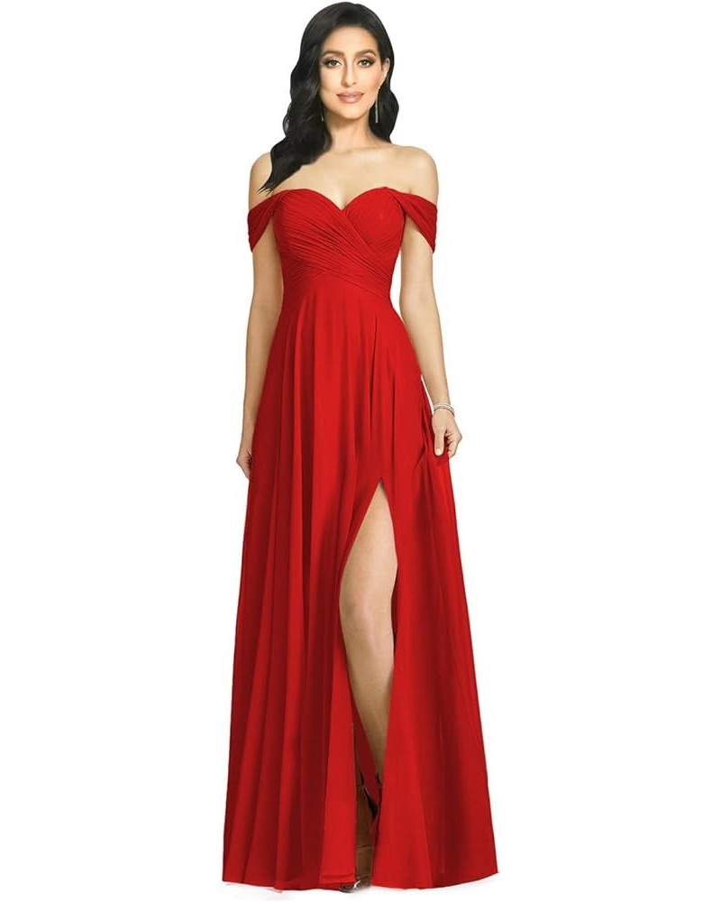 Off Shoulder Bridesmaid Dresses for Women Long Pleat Chiffon Aline Formal Party Dress with Slit LOY103 Red $26.10 Dresses