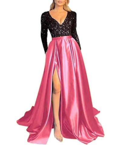 Women's Sequin Prom Dresses V Neck Long Sleeve Satin Floor Length Gown Formal Evening Dresses with Slit Black-hotpink $36.00 ...