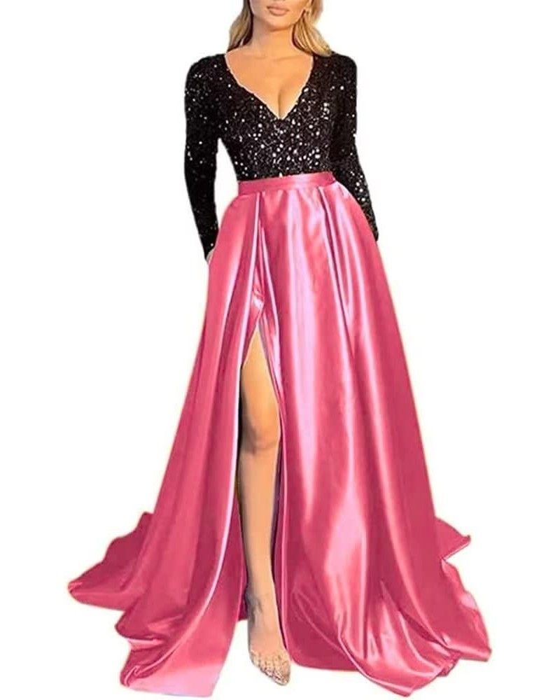 Women's Sequin Prom Dresses V Neck Long Sleeve Satin Floor Length Gown Formal Evening Dresses with Slit Black-hotpink $36.00 ...