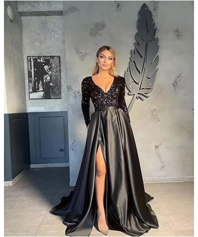 Women's Sequin Prom Dresses V Neck Long Sleeve Satin Floor Length Gown Formal Evening Dresses with Slit Black-hotpink $36.00 ...