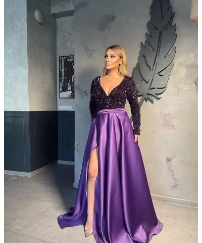 Women's Sequin Prom Dresses V Neck Long Sleeve Satin Floor Length Gown Formal Evening Dresses with Slit Black-hotpink $36.00 ...