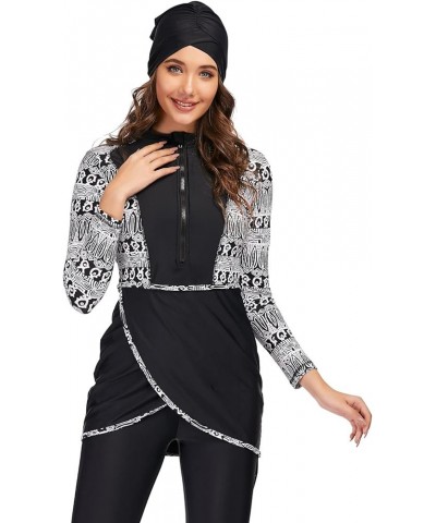 Womens Muslim Swimsuits Full Coverage Long Sleeve Swimwear Burkini Hijab Bathing Suit S-4XL Black Print C $19.70 Swimsuits