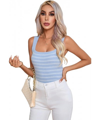 Women's Square Neck Tank Top Basic Ribbed Knit Cami Casual Sleeveless Slim Fit Tops Black Striped M Blue and White $14.27 Tanks