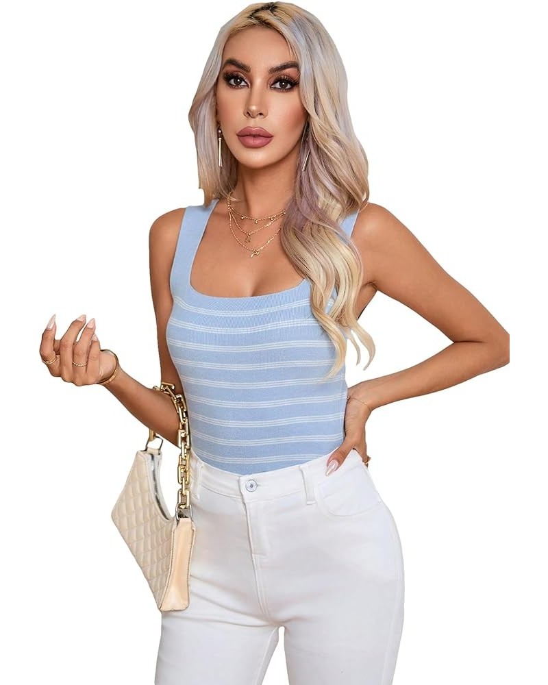 Women's Square Neck Tank Top Basic Ribbed Knit Cami Casual Sleeveless Slim Fit Tops Black Striped M Blue and White $14.27 Tanks