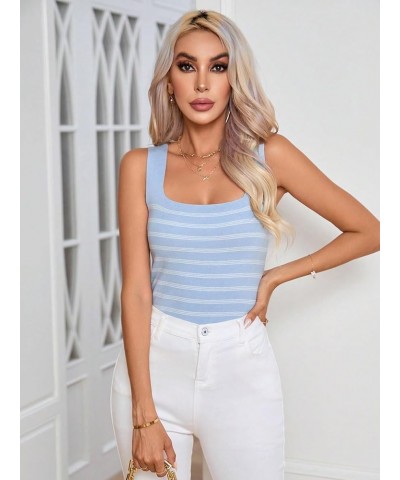 Women's Square Neck Tank Top Basic Ribbed Knit Cami Casual Sleeveless Slim Fit Tops Black Striped M Blue and White $14.27 Tanks