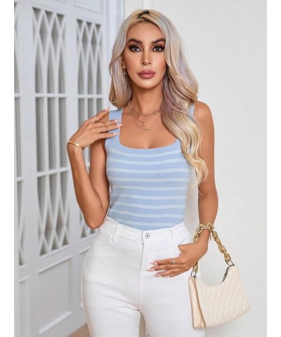 Women's Square Neck Tank Top Basic Ribbed Knit Cami Casual Sleeveless Slim Fit Tops Black Striped M Blue and White $14.27 Tanks