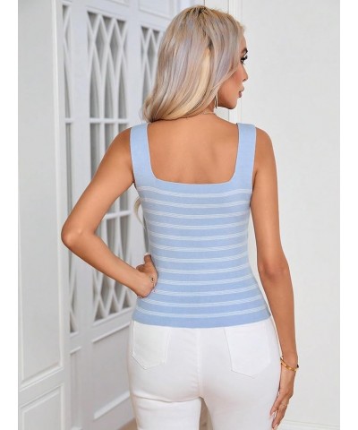 Women's Square Neck Tank Top Basic Ribbed Knit Cami Casual Sleeveless Slim Fit Tops Black Striped M Blue and White $14.27 Tanks