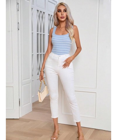 Women's Square Neck Tank Top Basic Ribbed Knit Cami Casual Sleeveless Slim Fit Tops Black Striped M Blue and White $14.27 Tanks