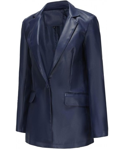 Women's Faux Leather Jacket Vintage Spring Fitted Long Sleeve Business Pocket Classic Blazer Dark Blue $23.22 Coats