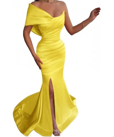 One Shoulder Mermaid Bridesmaid Dresses Long Satin Pleated Bodycon High Slit Prom Formal Evening Gowns for Wedding Yellow $40...