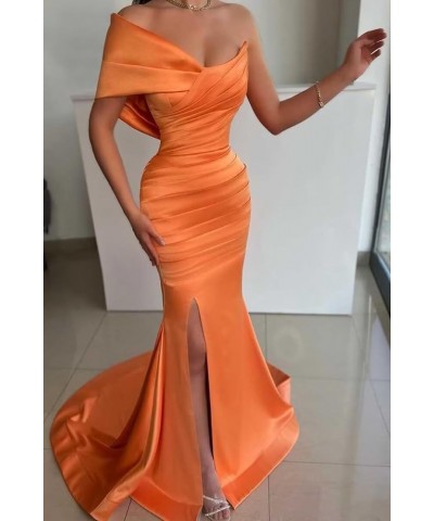 One Shoulder Mermaid Bridesmaid Dresses Long Satin Pleated Bodycon High Slit Prom Formal Evening Gowns for Wedding Yellow $40...