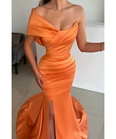 One Shoulder Mermaid Bridesmaid Dresses Long Satin Pleated Bodycon High Slit Prom Formal Evening Gowns for Wedding Yellow $40...