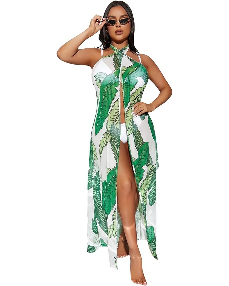 Women's Tropical Print Sleeveless Criss Cross Wrap Kimono Cover Up Green $14.57 Swimsuits