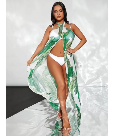 Women's Tropical Print Sleeveless Criss Cross Wrap Kimono Cover Up Green $14.57 Swimsuits