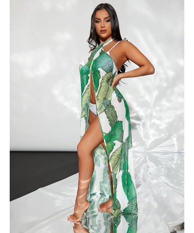 Women's Tropical Print Sleeveless Criss Cross Wrap Kimono Cover Up Green $14.57 Swimsuits