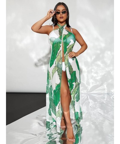 Women's Tropical Print Sleeveless Criss Cross Wrap Kimono Cover Up Green $14.57 Swimsuits