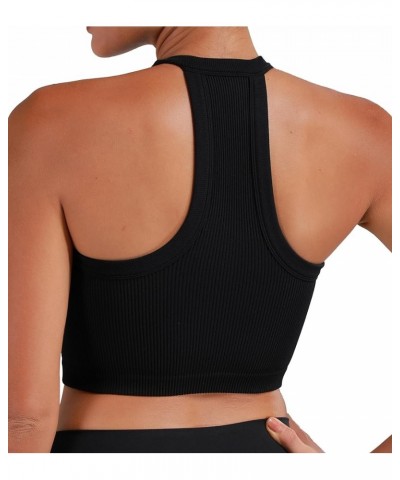 Ribbed Tank Tops for Women, Halter High Neck Seamless Cute Crop Top, Basics Sleeveless Workout Athletic Yoga Shirts Black+bla...