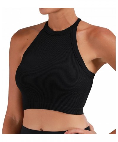 Ribbed Tank Tops for Women, Halter High Neck Seamless Cute Crop Top, Basics Sleeveless Workout Athletic Yoga Shirts Black+bla...