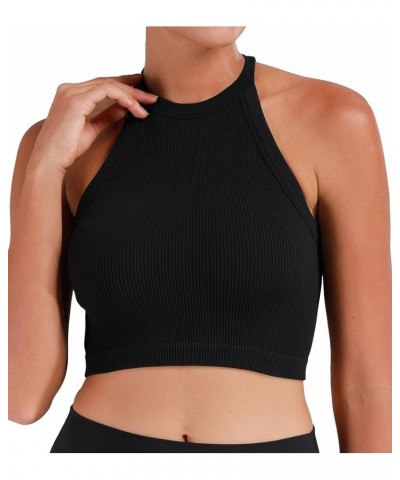 Ribbed Tank Tops for Women, Halter High Neck Seamless Cute Crop Top, Basics Sleeveless Workout Athletic Yoga Shirts Black+bla...