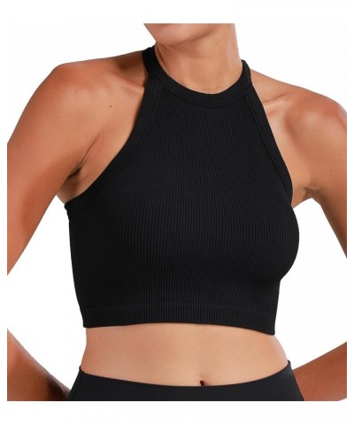 Ribbed Tank Tops for Women, Halter High Neck Seamless Cute Crop Top, Basics Sleeveless Workout Athletic Yoga Shirts Black+bla...