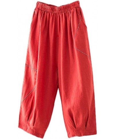 Women's Cropped Harem Pants Elastic Waist Pull On Wide Leg Trousers with Pockets Red $17.47 Pants