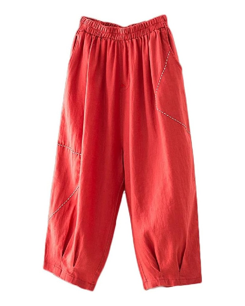 Women's Cropped Harem Pants Elastic Waist Pull On Wide Leg Trousers with Pockets Red $17.47 Pants