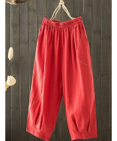 Women's Cropped Harem Pants Elastic Waist Pull On Wide Leg Trousers with Pockets Red $17.47 Pants