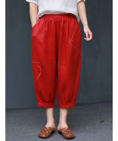 Women's Cropped Harem Pants Elastic Waist Pull On Wide Leg Trousers with Pockets Red $17.47 Pants